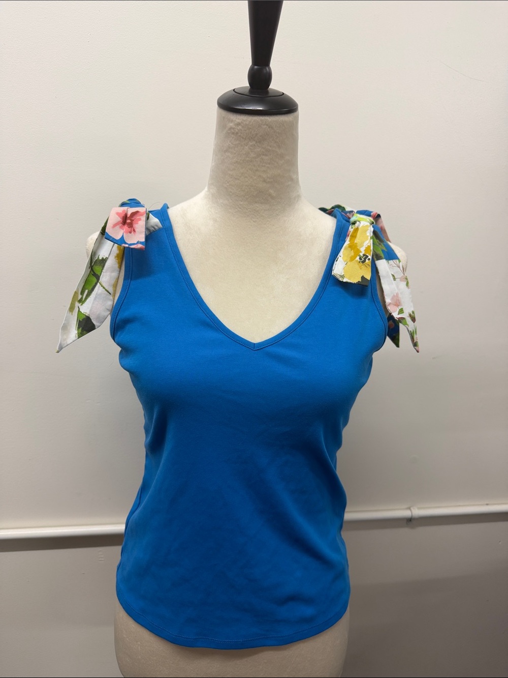 Marc Women’s Blue V-Neck Tank with Floral Tie Straps